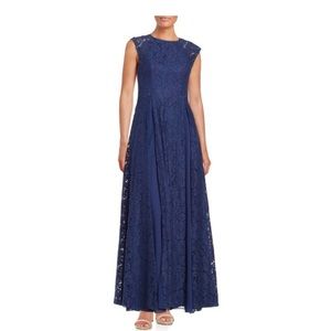 Aidan Mattox Navy Blue Pleated Lace Maxi Gown